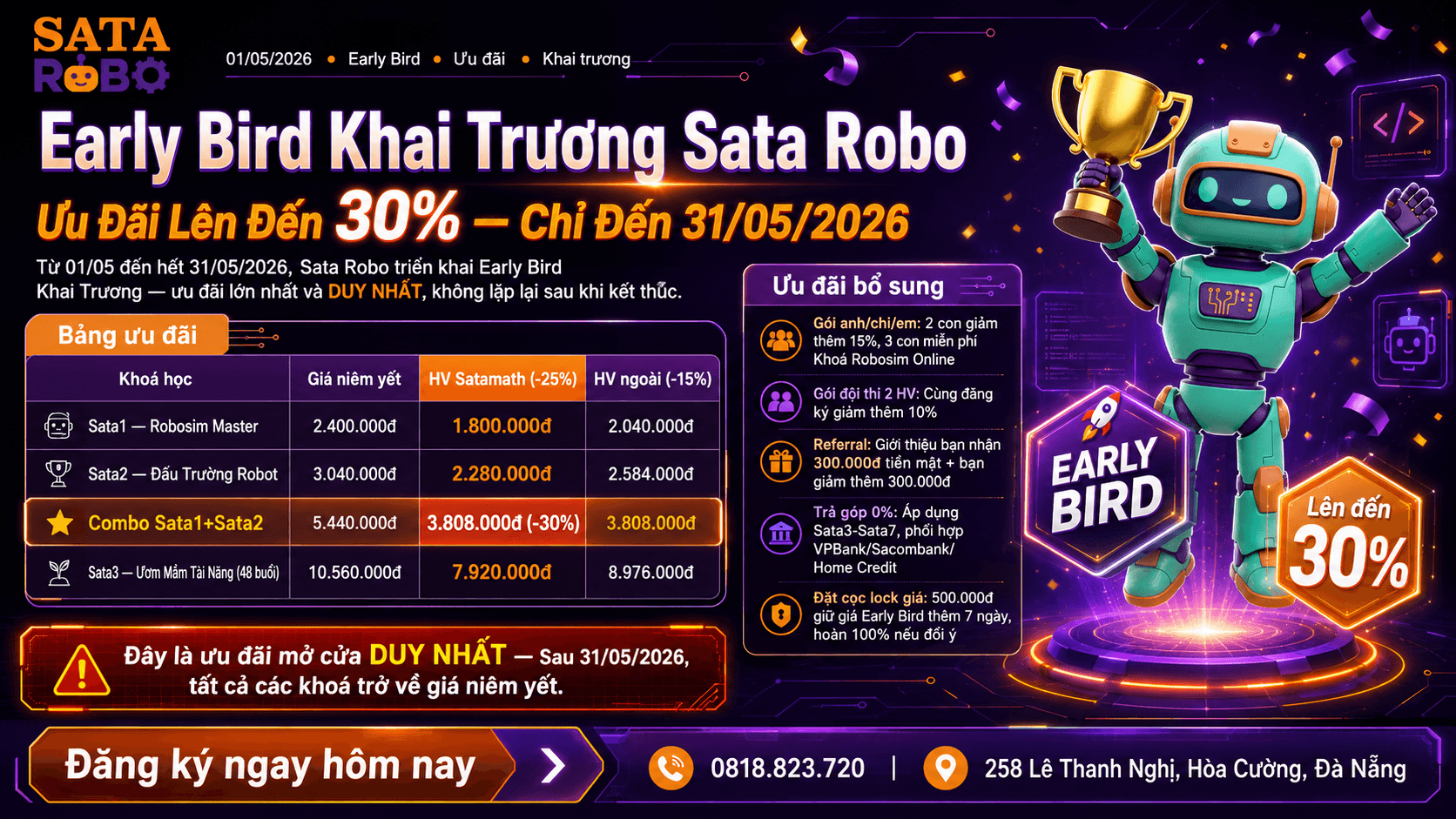 Early Bird Khai Trương Sata Robo: Ưu Đãi Lên Đến 30% — Chỉ Đến 31/05/2026